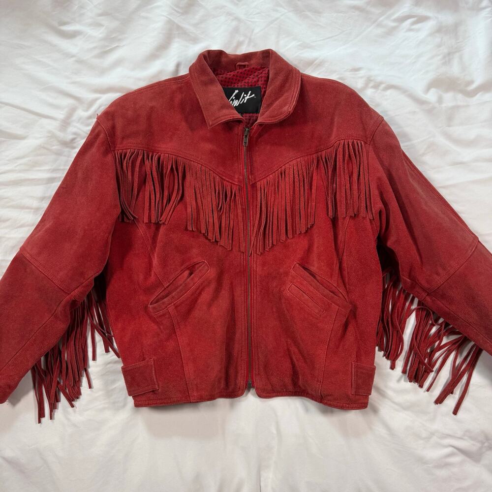 Vintage Winlit Western 100% Genuine Leather Suede Red Fringe Jacket Size Small